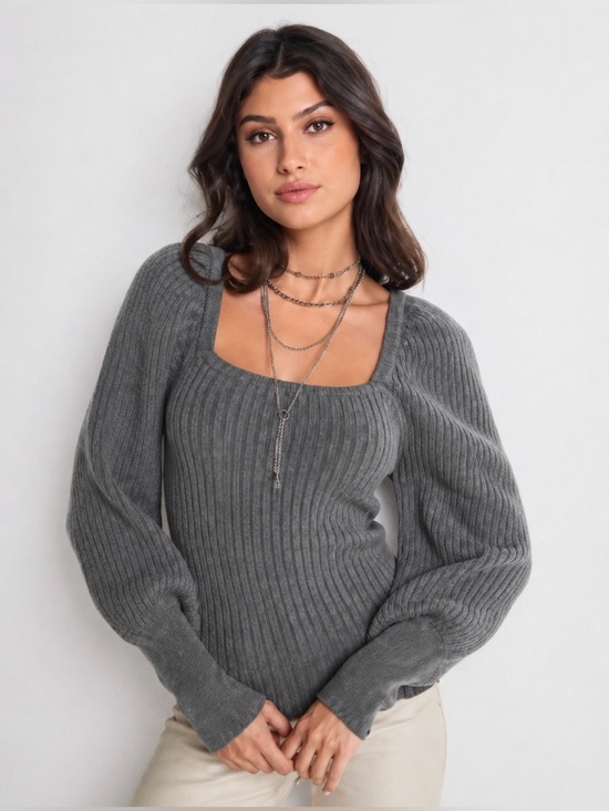 VENUS Sweaters - VENUS Gray Ribbed Square Neck Balloon Sleeve Sweater